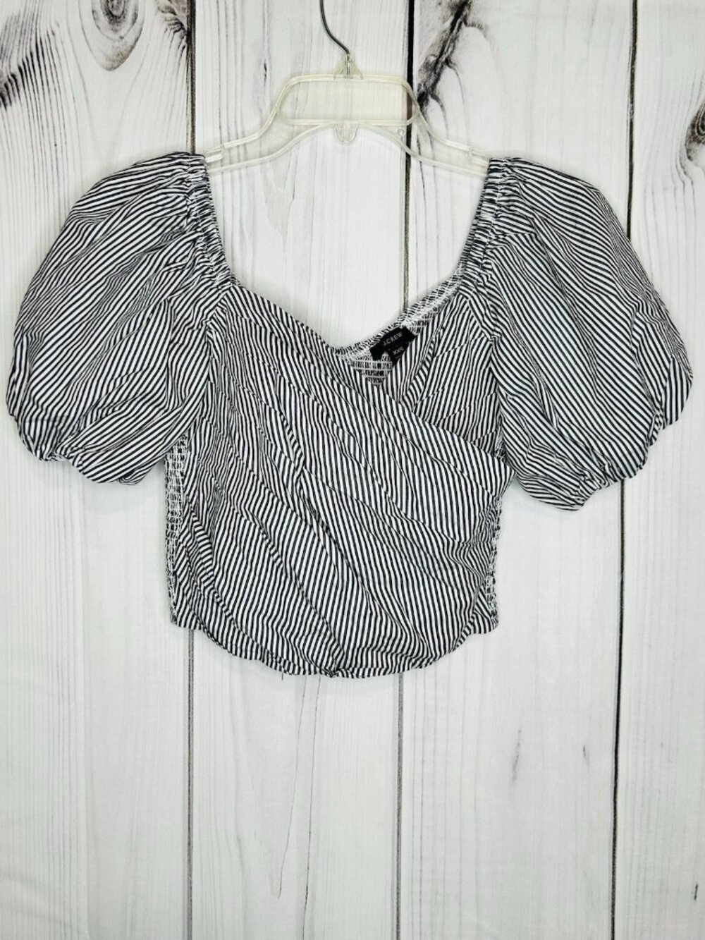 J. Crew Smocked Puff Sleeve Railroad Striped Crop Top Size XXS Dark Gray / White